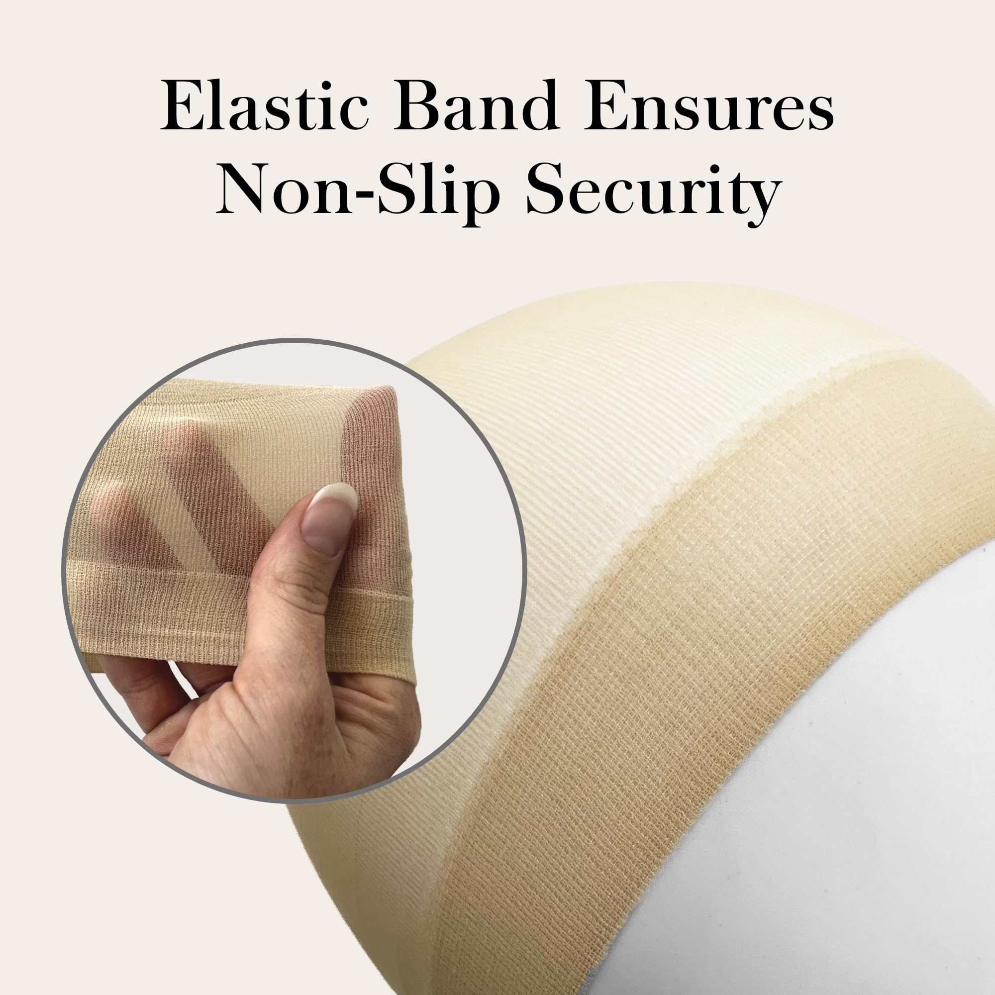 Jon Renau cap elastic band closeup showing secure non-slip grip feature