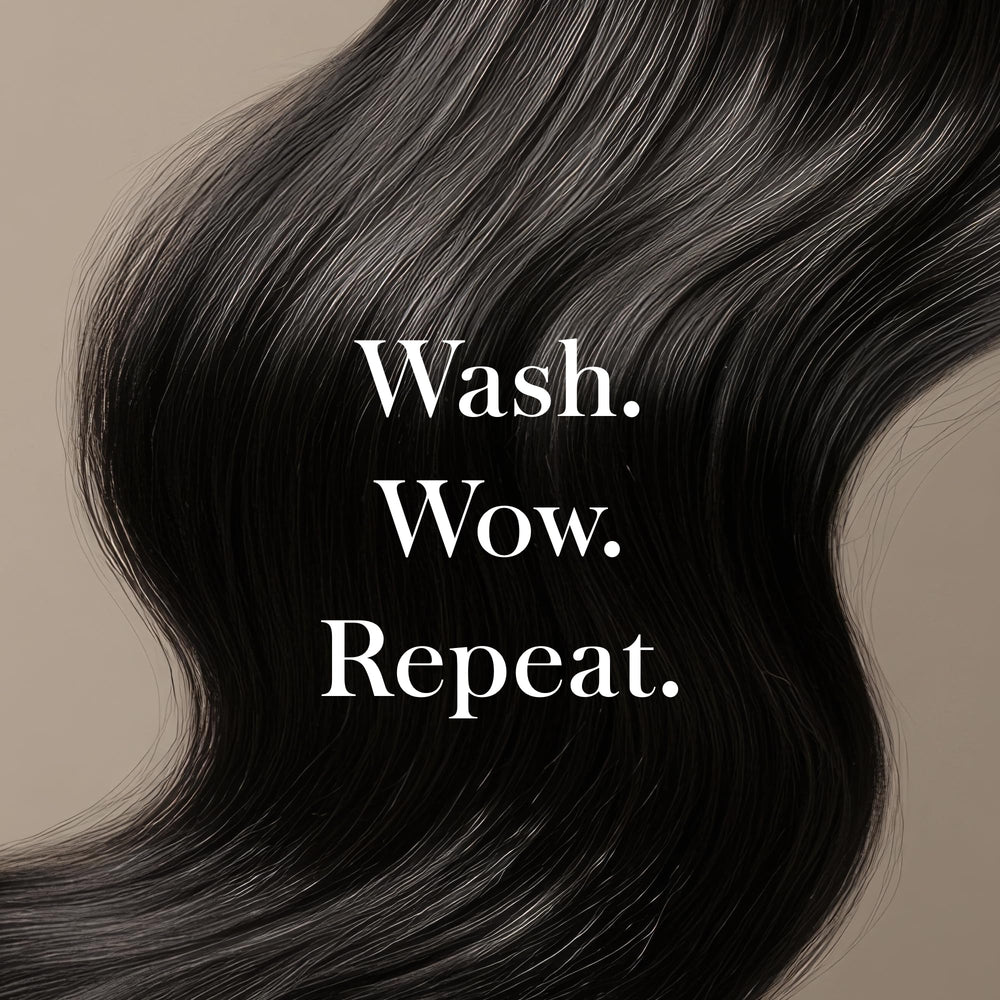 Jon Renau shampoo next to styled wig on stand showing salon-like refreshed finish