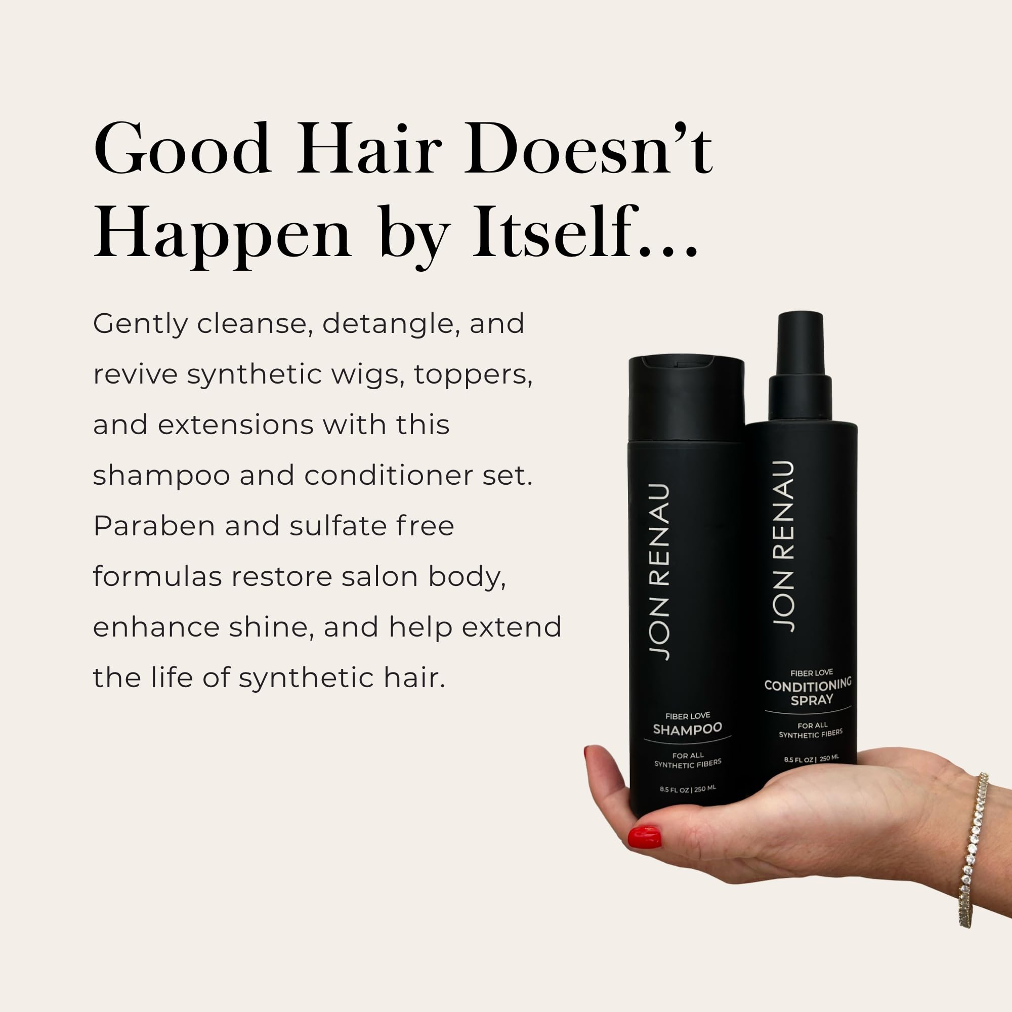 Jon Renau shampoo pump closeup highlighting gentle formula and easy dispensing