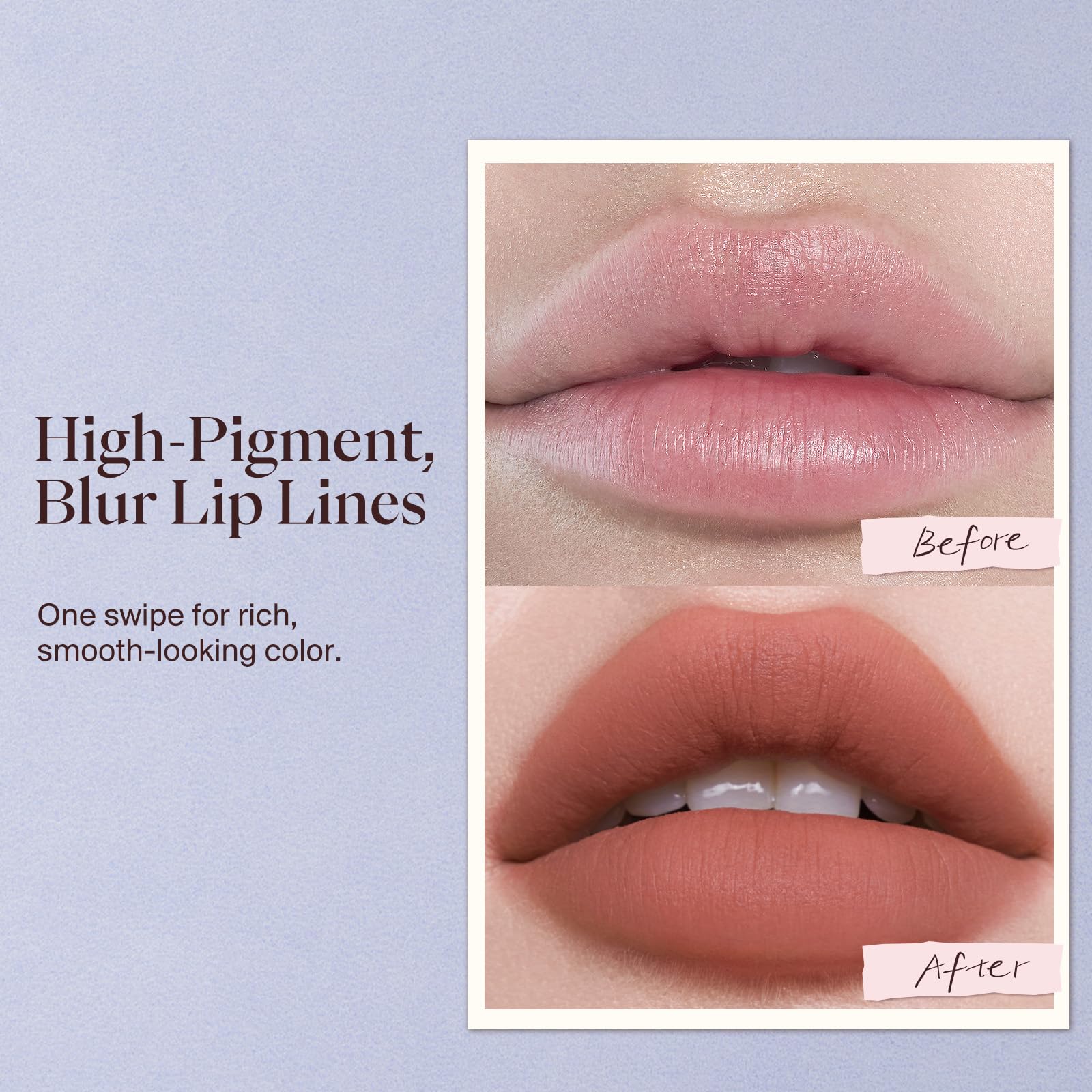 Joocyee close-up of pencil applied on lips demonstrating smooth, comfortable matte look