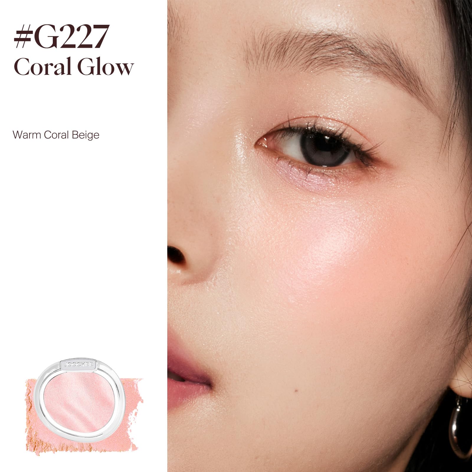 Joocyee Coral Glow pan close-up highlighting baked pearlescent finish benefit
