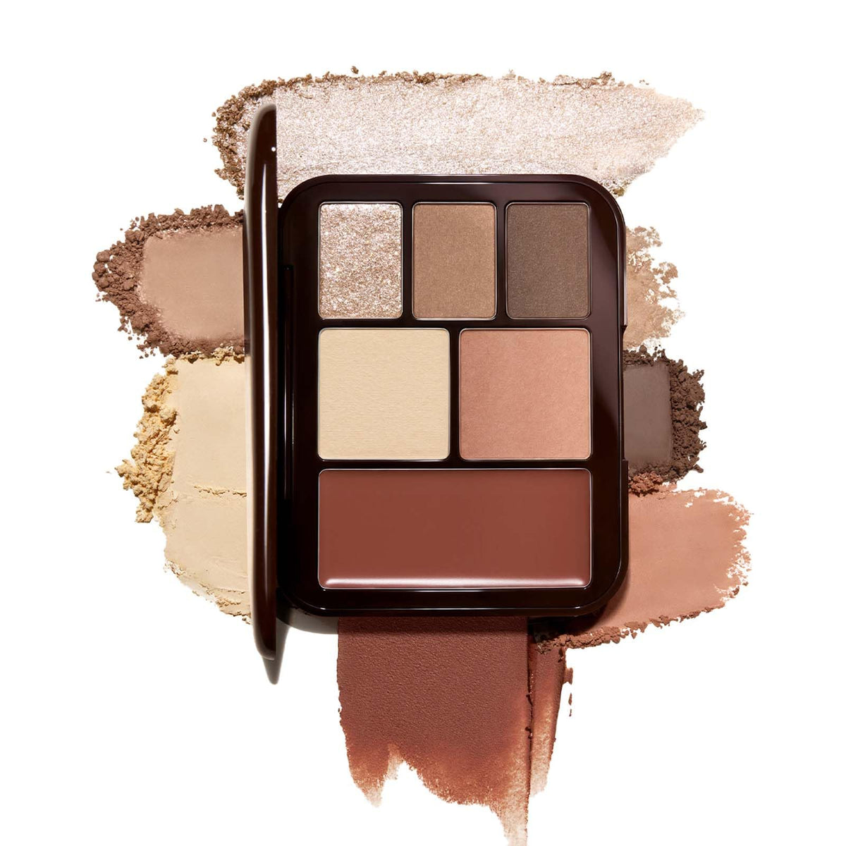 Joocyee open lookbook palette showing six warm-brown shades and compact layout benefit portability