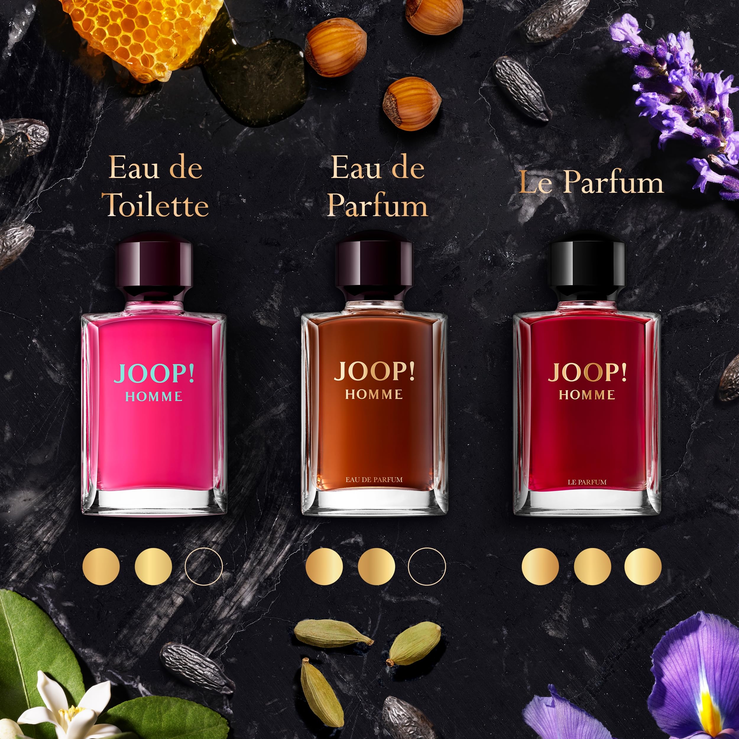 Joop! bottle next to razor showing 2.5 fl oz scale for travel-ready convenience