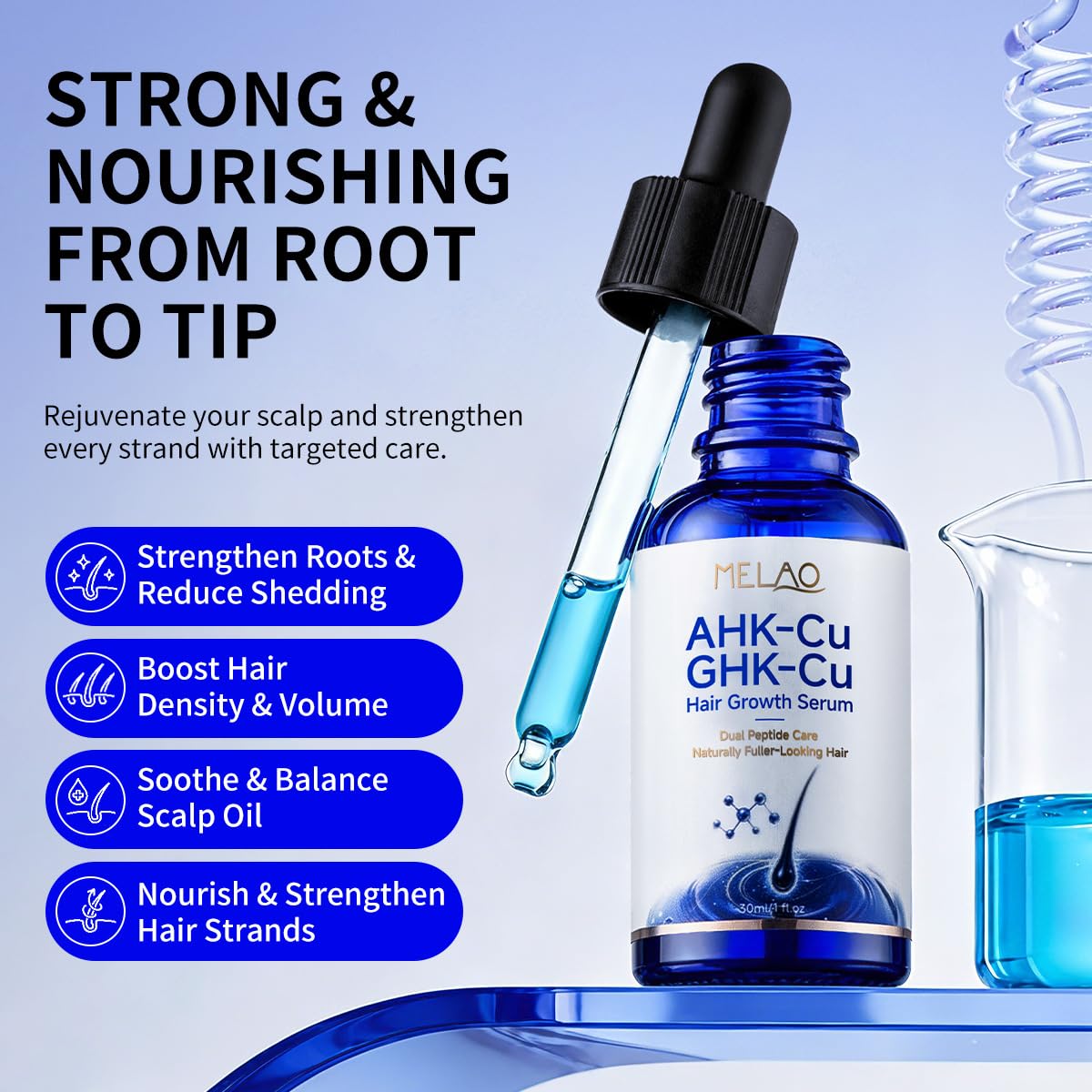 Jornanbo shown on scalp being applied to hairline for targeted care benefit
