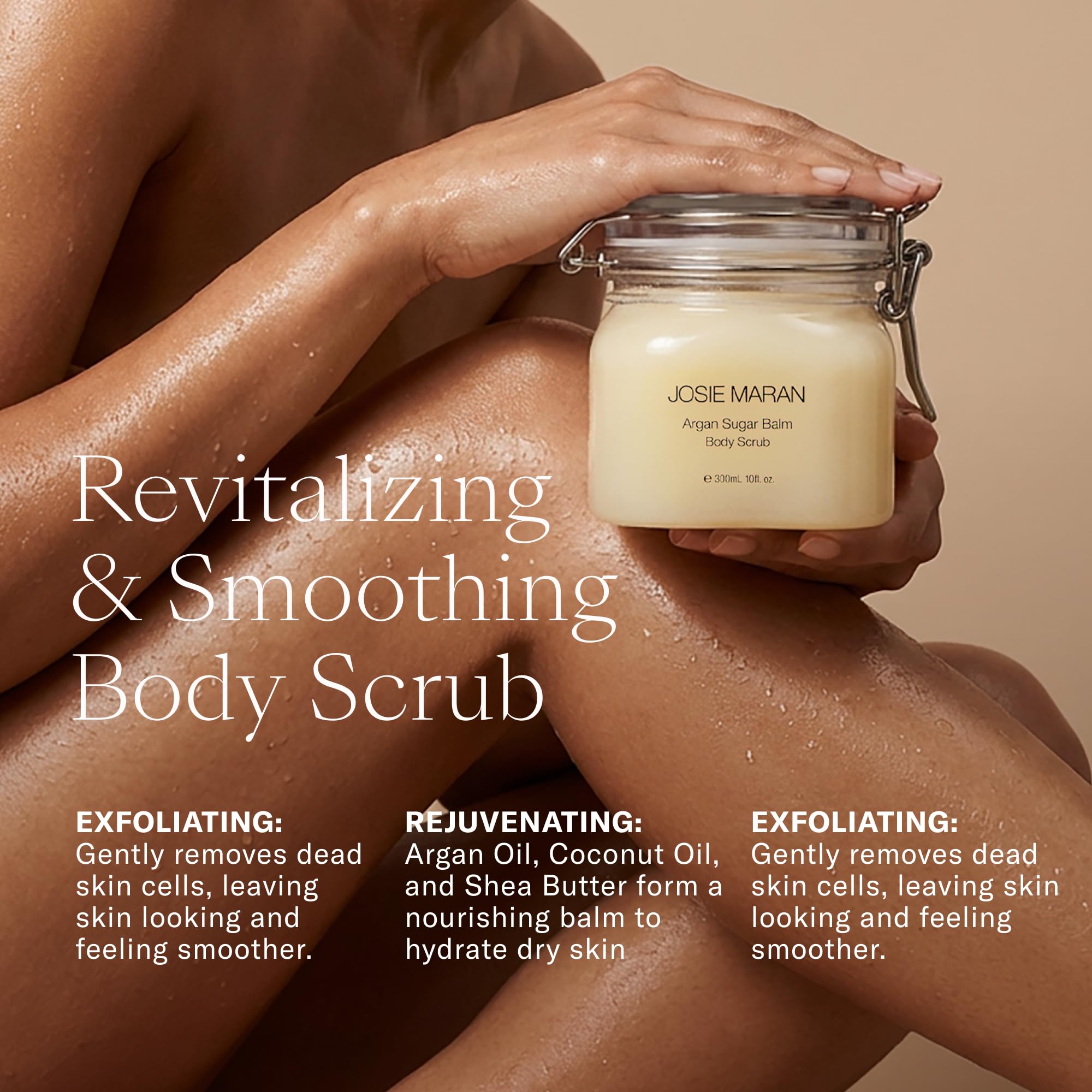 Josie Maran open jar displaying creamy sugar-balm texture for gentle exfoliation