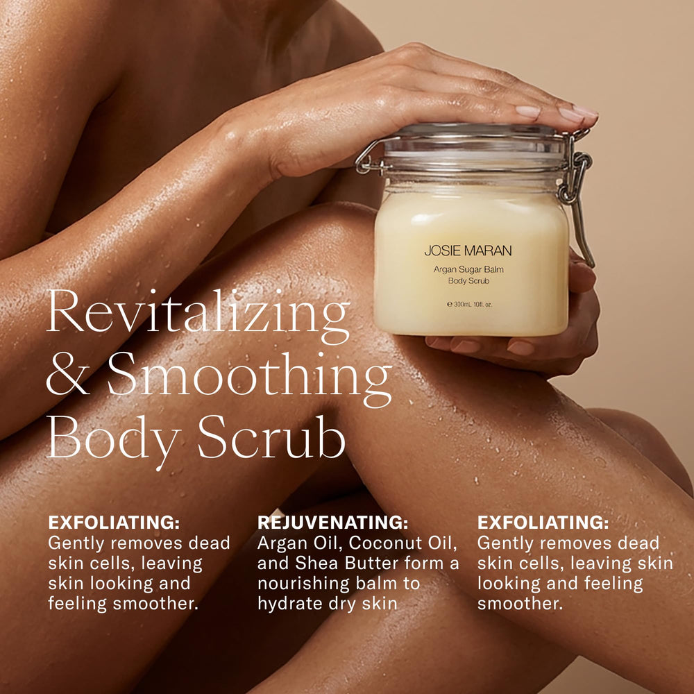 Josie Maran open jar displaying creamy sugar-balm texture for gentle exfoliation