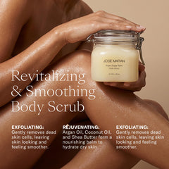 Josie Maran open jar displaying creamy sugar-balm texture for gentle exfoliation