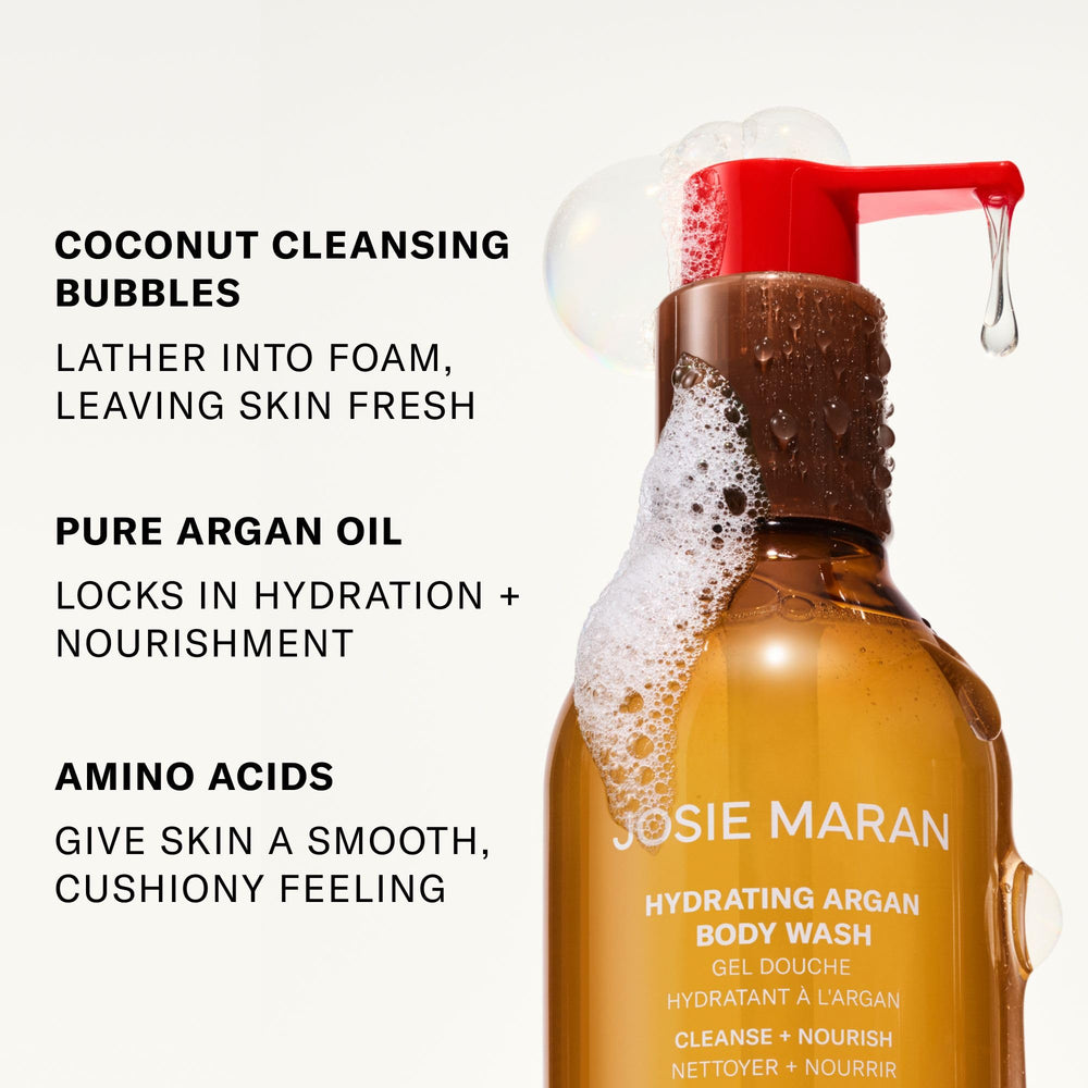 Josie Maran body wash in shower demonstrating gentle cleansing action