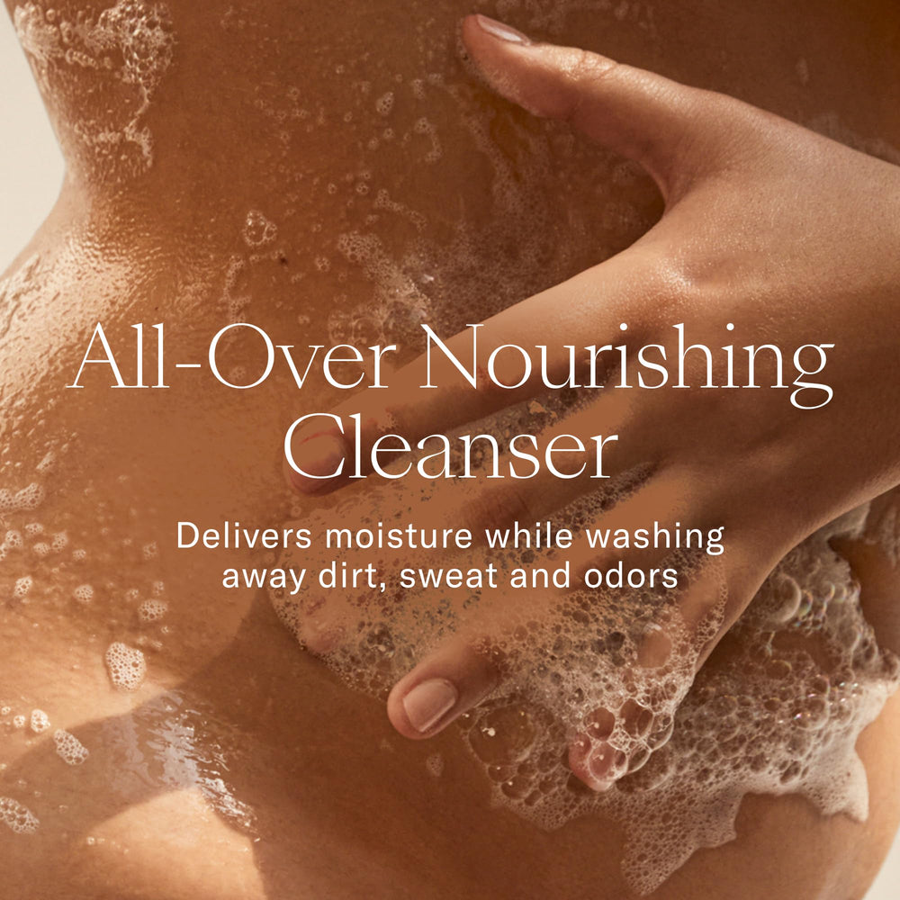 Josie Maran EveryBODY Wash pump detail highlighting easy dispensing and gentle cleansing