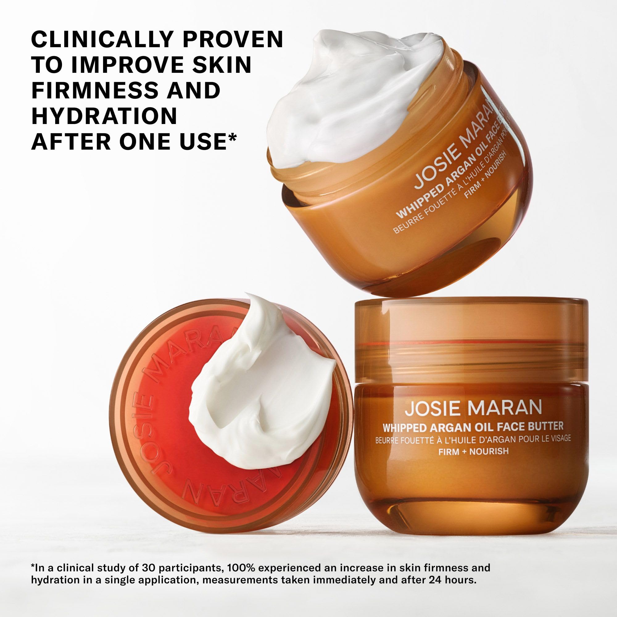 Josie Maran jar held in hand to show compact 0.5 fl oz scale benefit