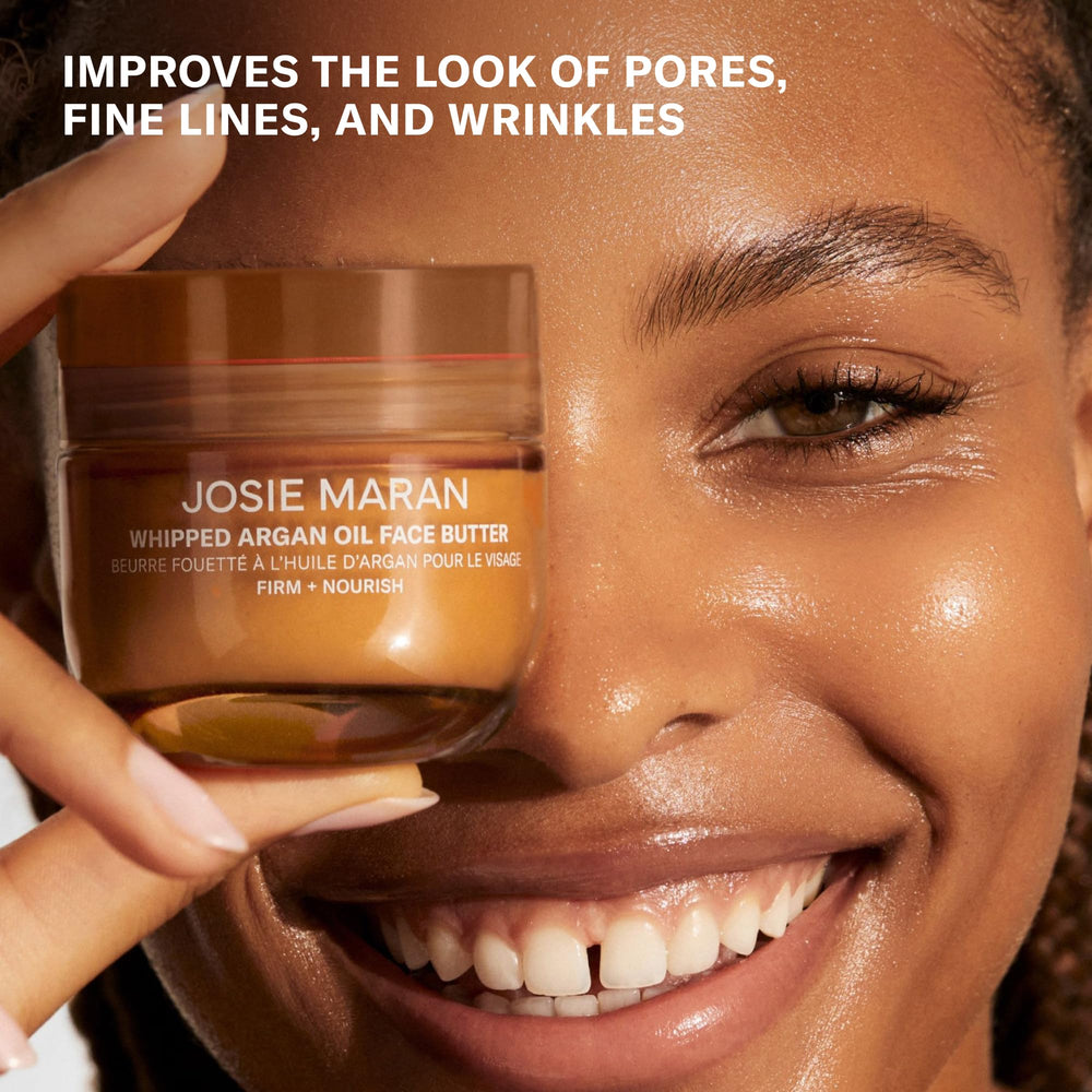 Josie Maran open jar top view showing airy formula ready to apply