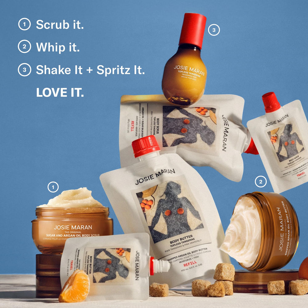 Josie Maran bottle with multiple mists showing layered fragrance customization