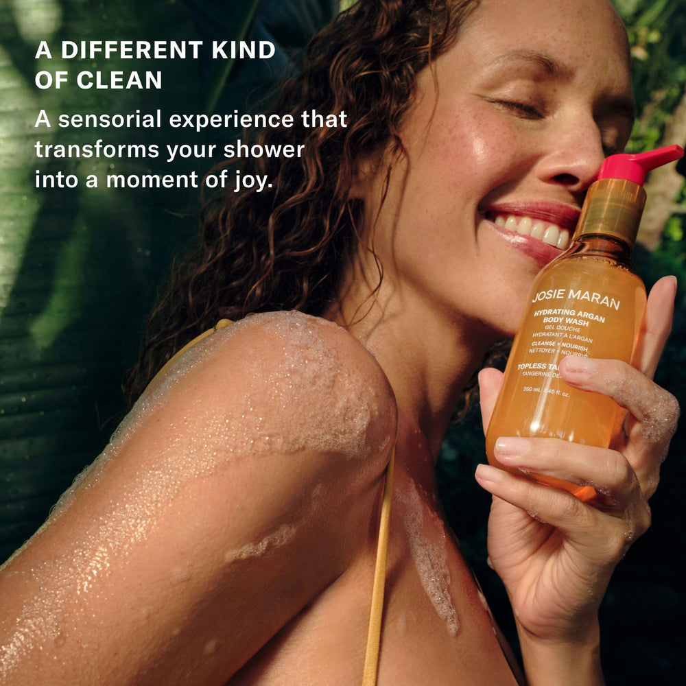 Josie Maran product label with ingredients callout for clean beauty