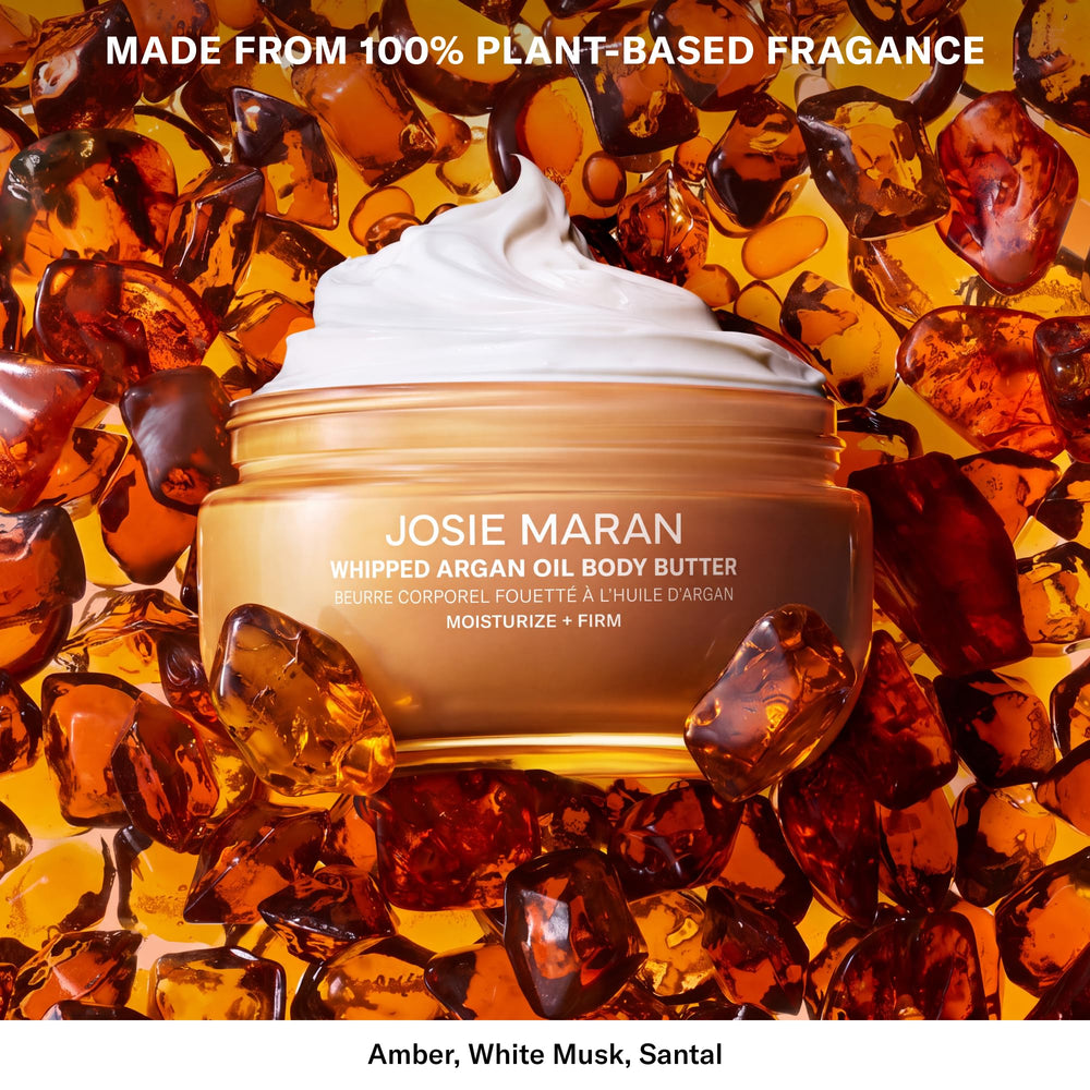 Josie Maran open jar top view revealing whipped butter ready to melt into skin benefit
