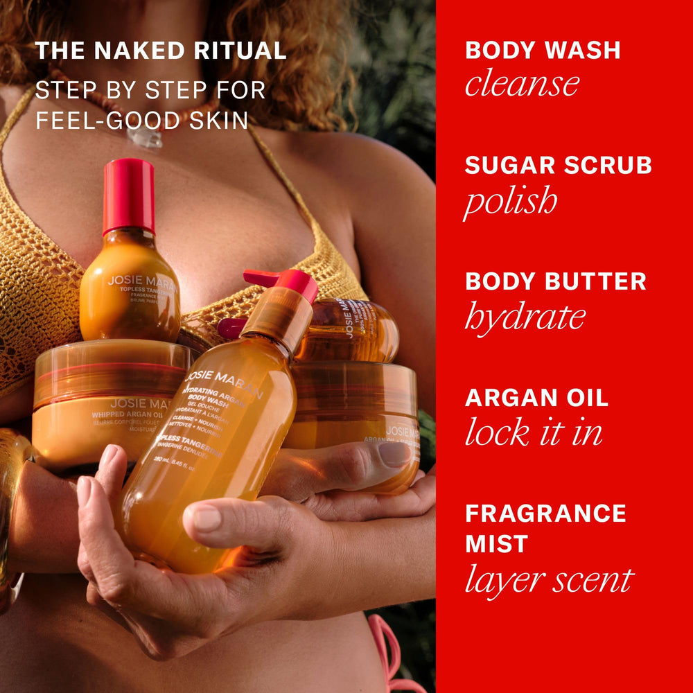 Josie Maran refill packaging emphasizing sustainable, Earth-first benefit