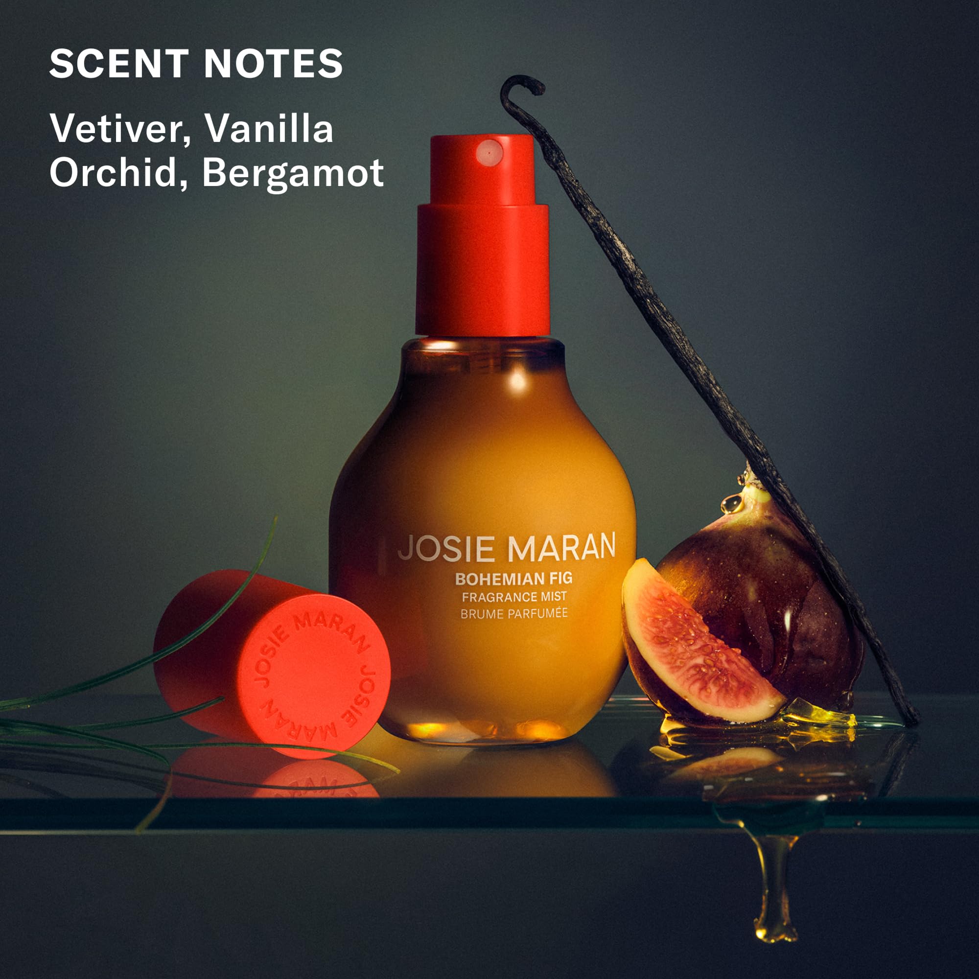 Josie Maran mist being spritzed on hair for fragrant, non-greasy finish