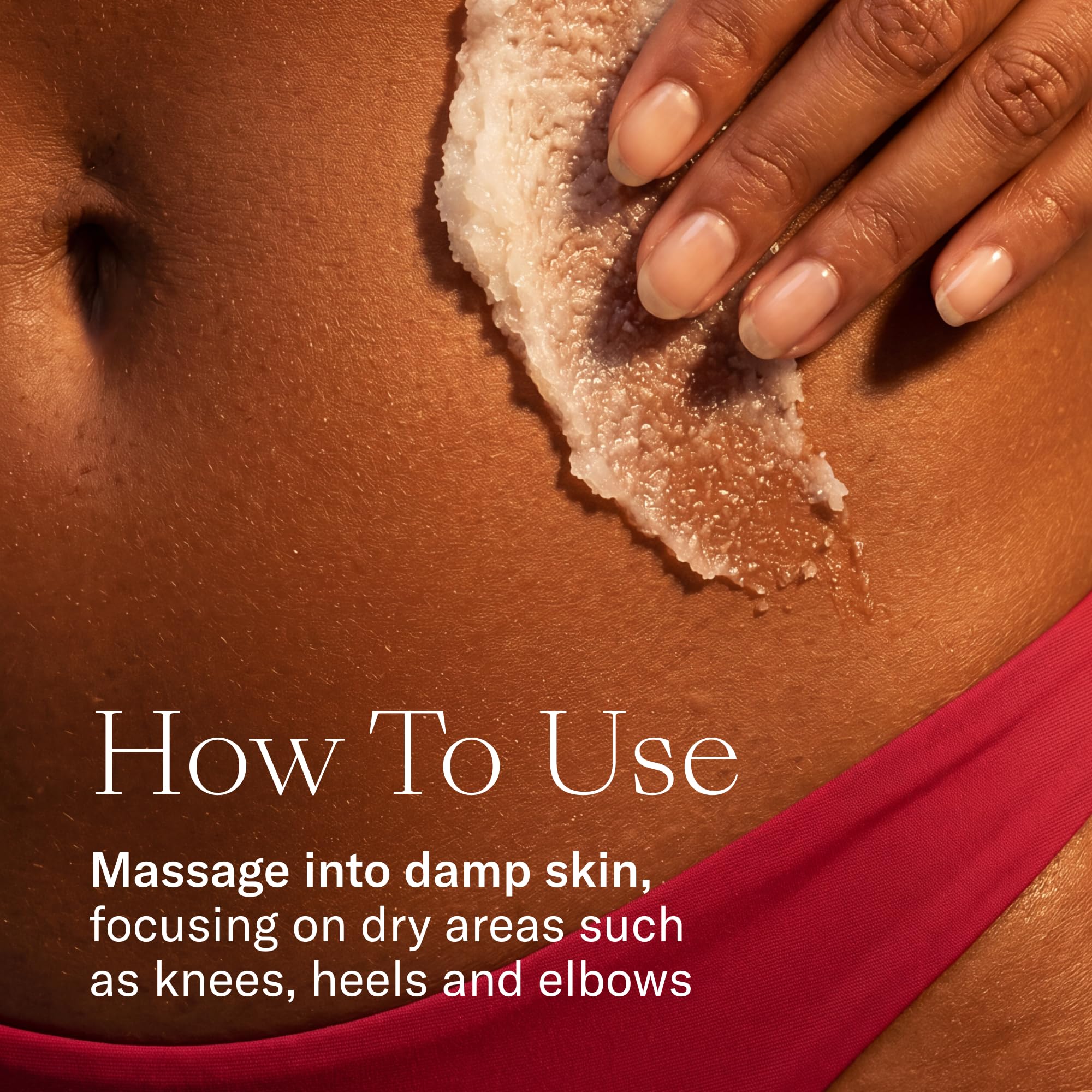 Josie Maran scrub applied in shower illustrating easy rinse and soft skin