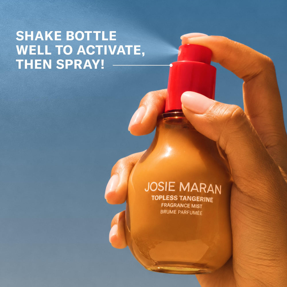 Josie Maran bottle next to a small bag showing travel-friendly 3.38 fl oz size