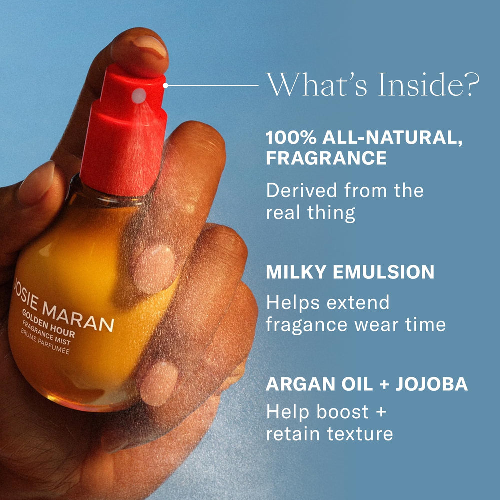 Josie Maran mist spraying onto skin demonstrating lightweight, non-sticky finish
