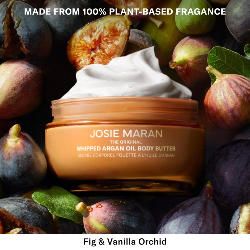 Josie Maran travel size held in hand to show compact TSA-friendly scale