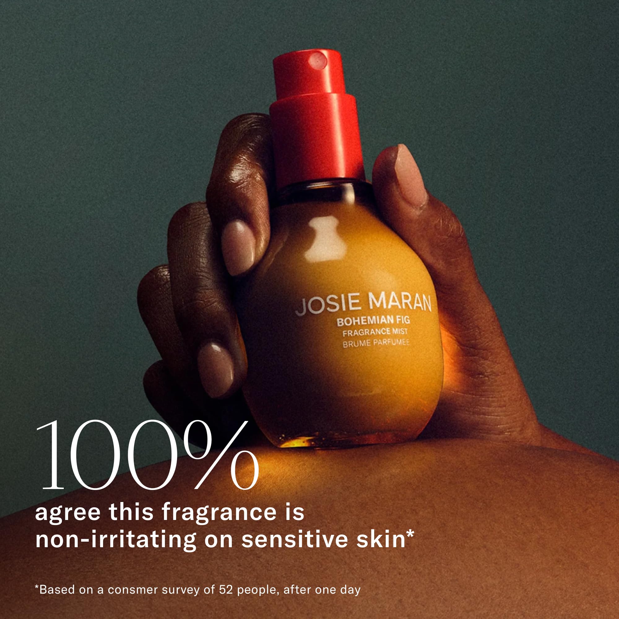 Josie Maran bottle in hand showing portable 3.38 fl oz for touch-ups