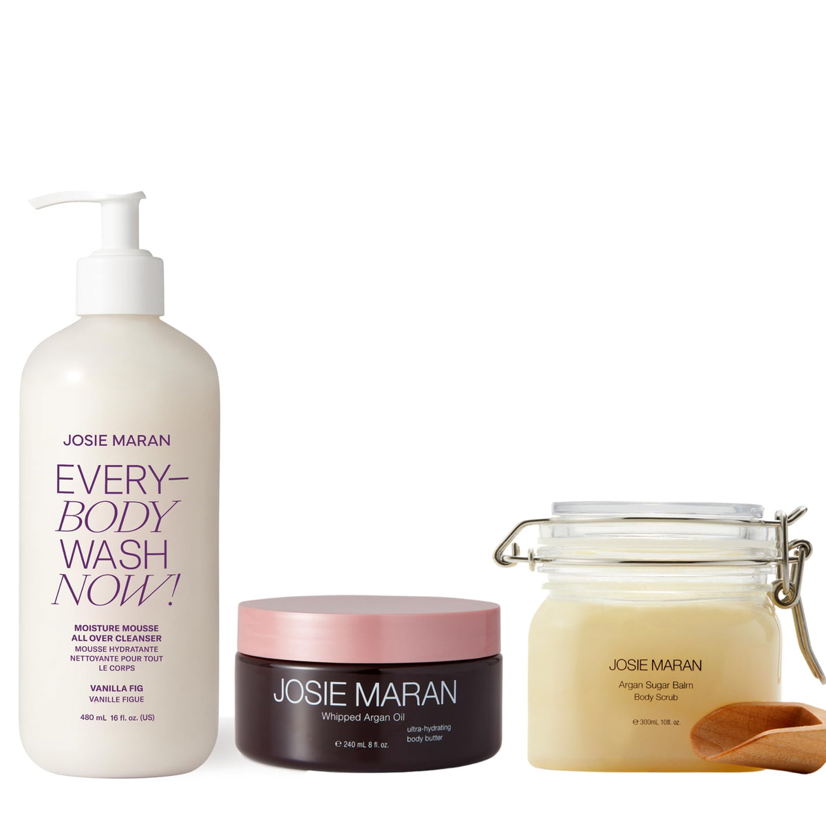 Josie Maran trio front packaging showing all three products and premium gift appeal