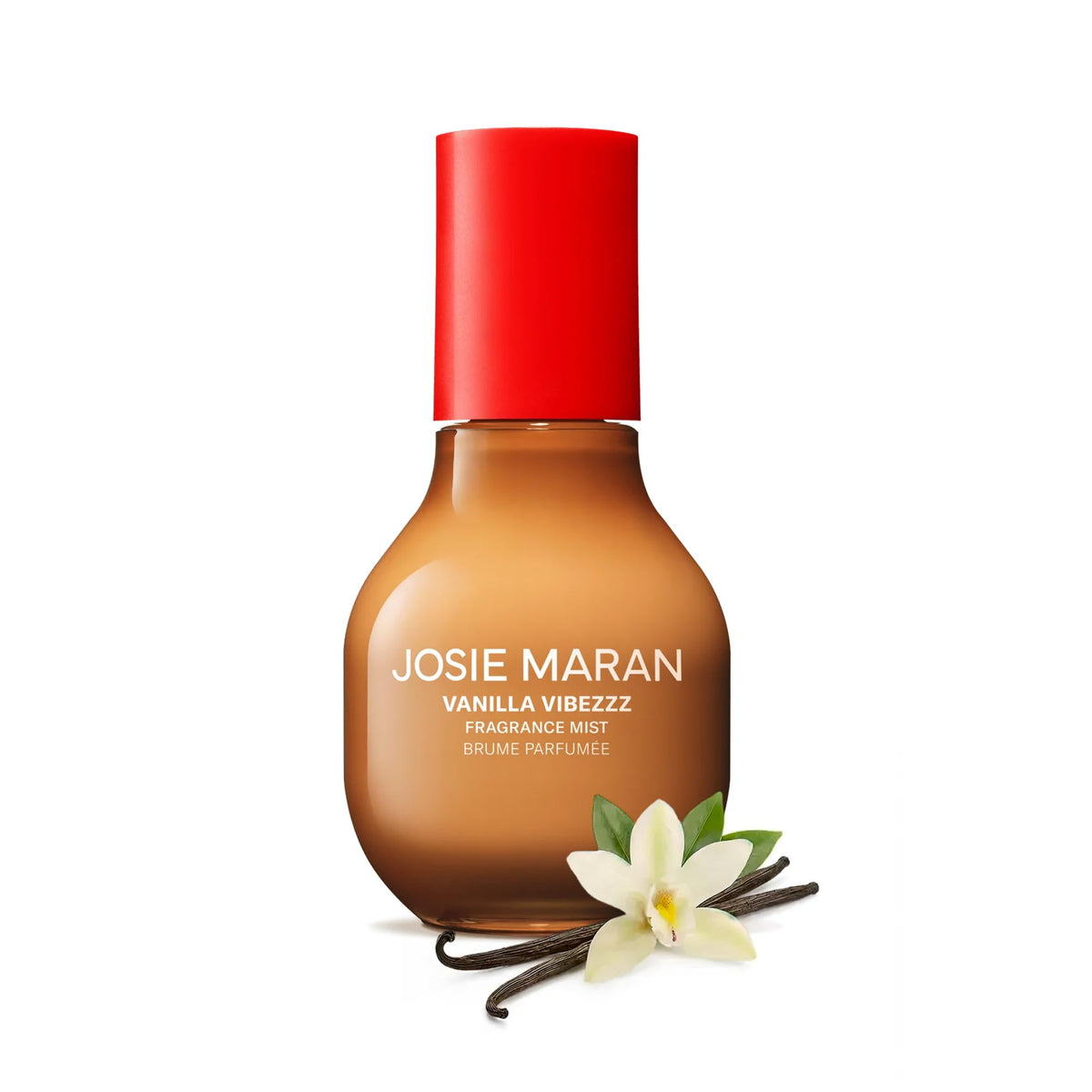 Josie Maran front bottle view showing compact 3.38 fl oz and vanilla design