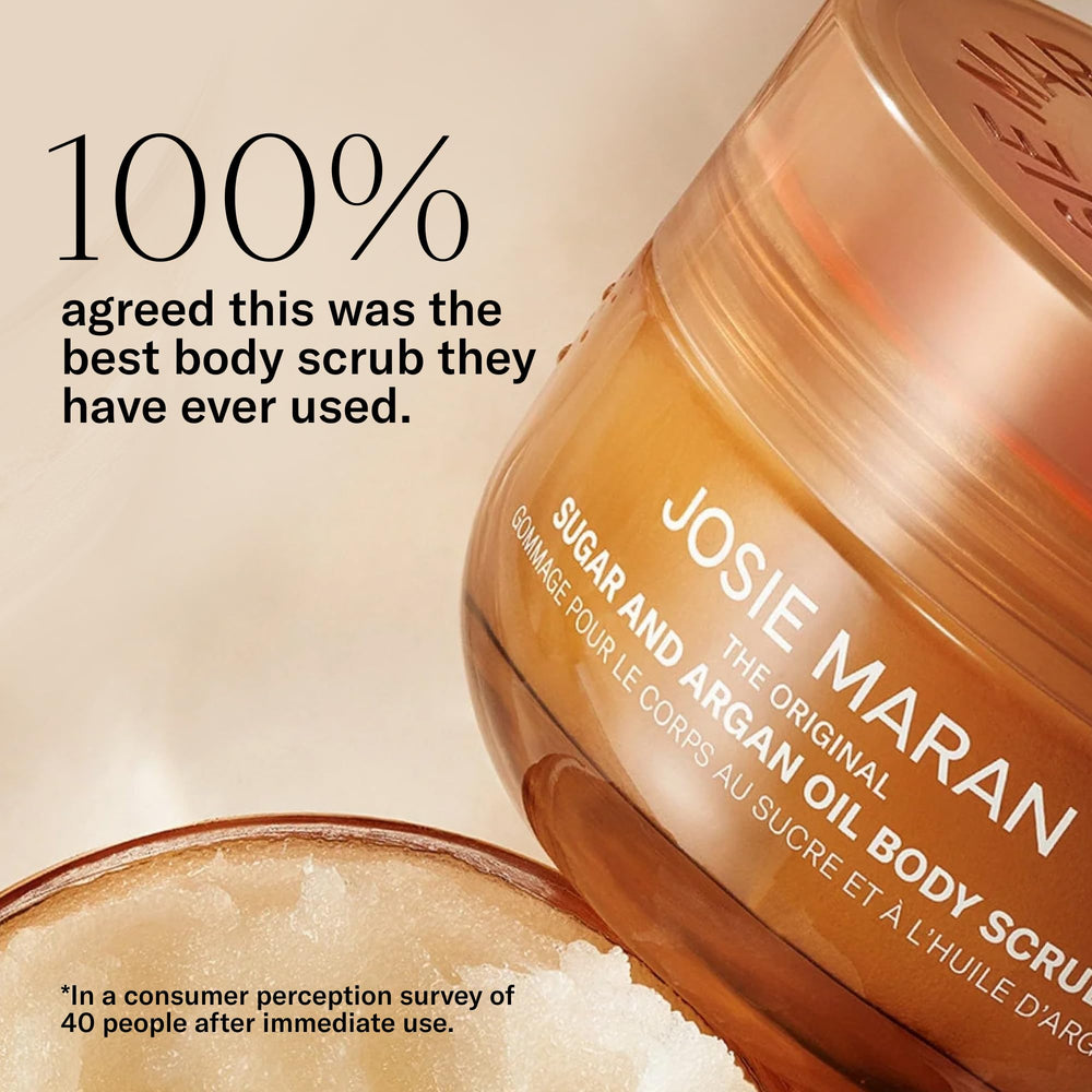 Josie Maran scrub applied to leg demonstrating smooth shaving glide benefit