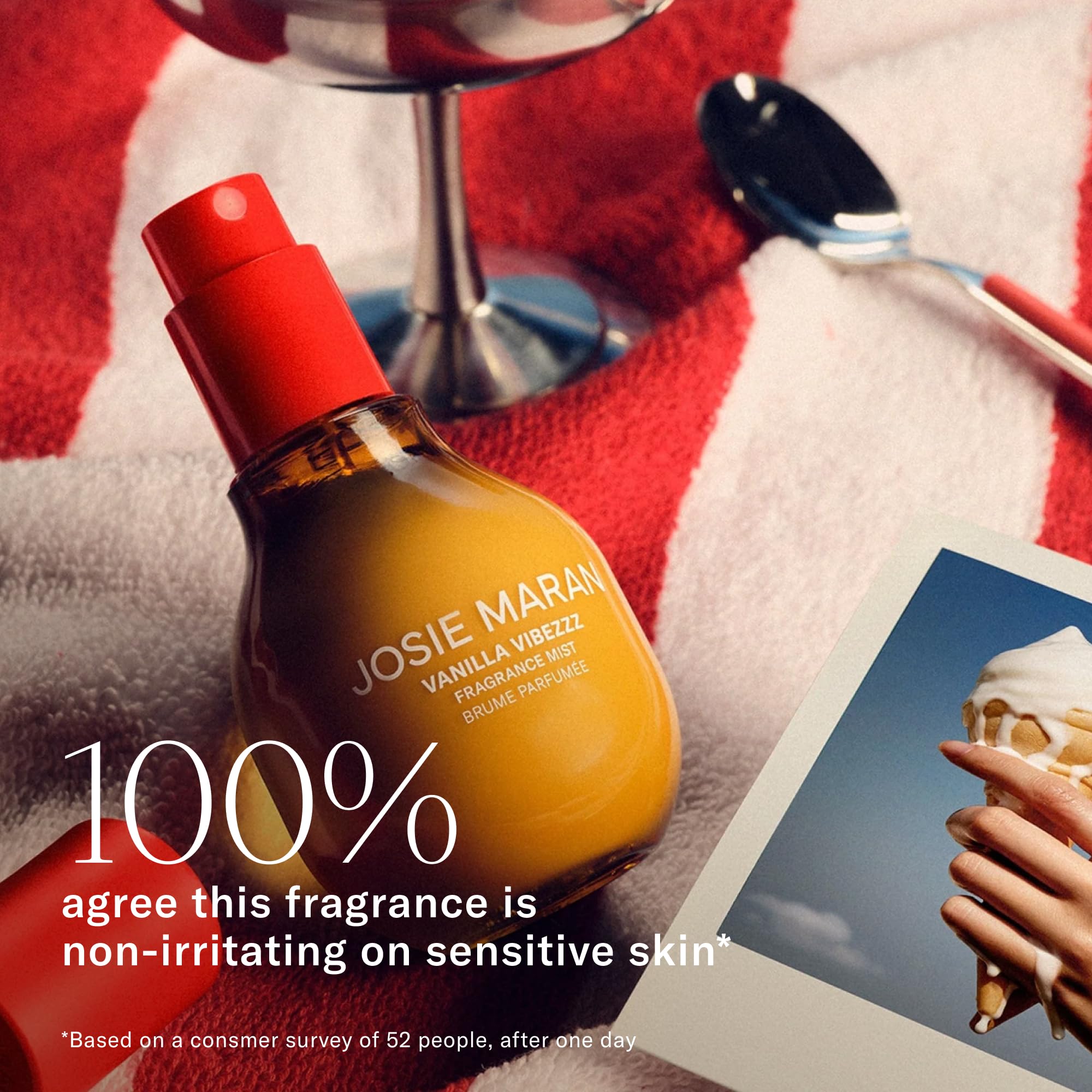 Josie Maran mist applied to hair illustrating soft scent and hair-friendly formula