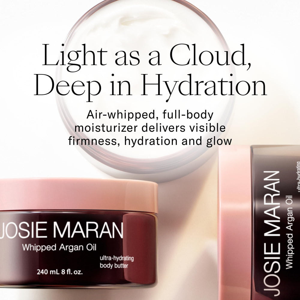 Josie Maran Whipped Argan Body Butter jar open showing creamy texture for deep hydration