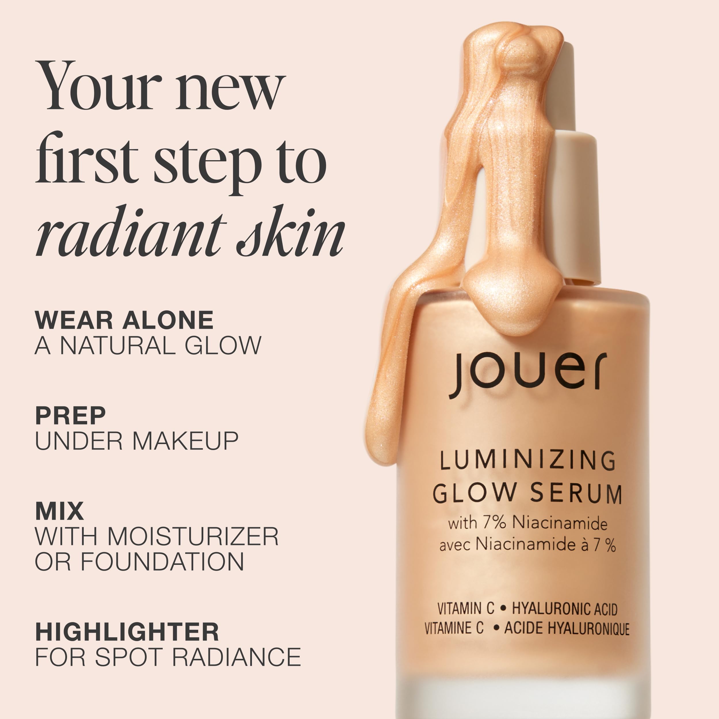 Jouer bottle beside ingredients list showing niacinamide hydration benefit