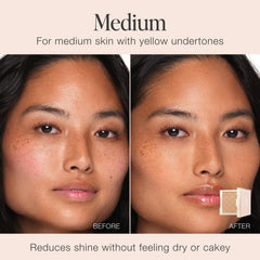 Jouer open powder with puff demonstrating soft applicator to distribute product evenly