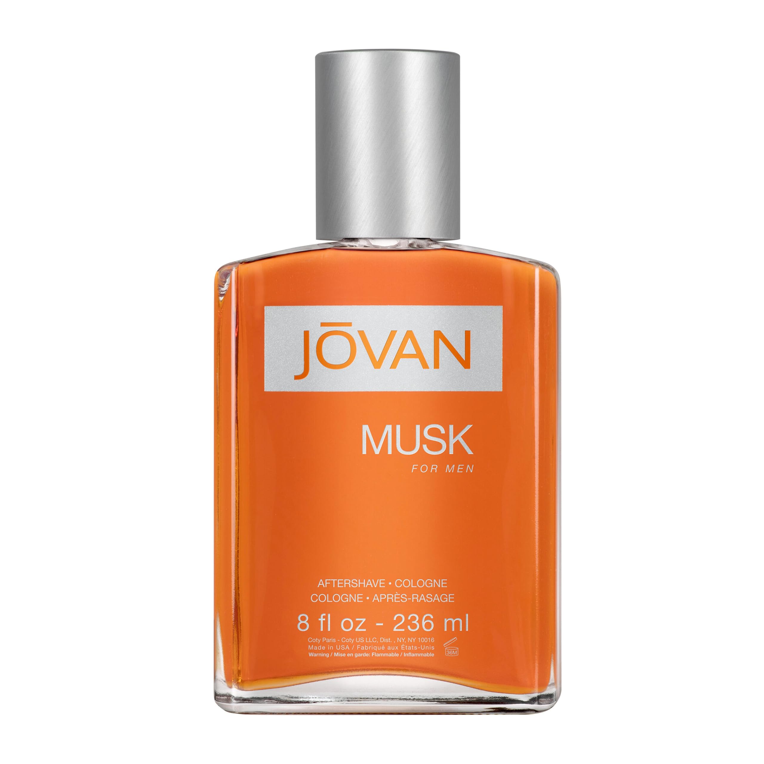 Jovan bottle front view showing orange glass and sleek design for confident style