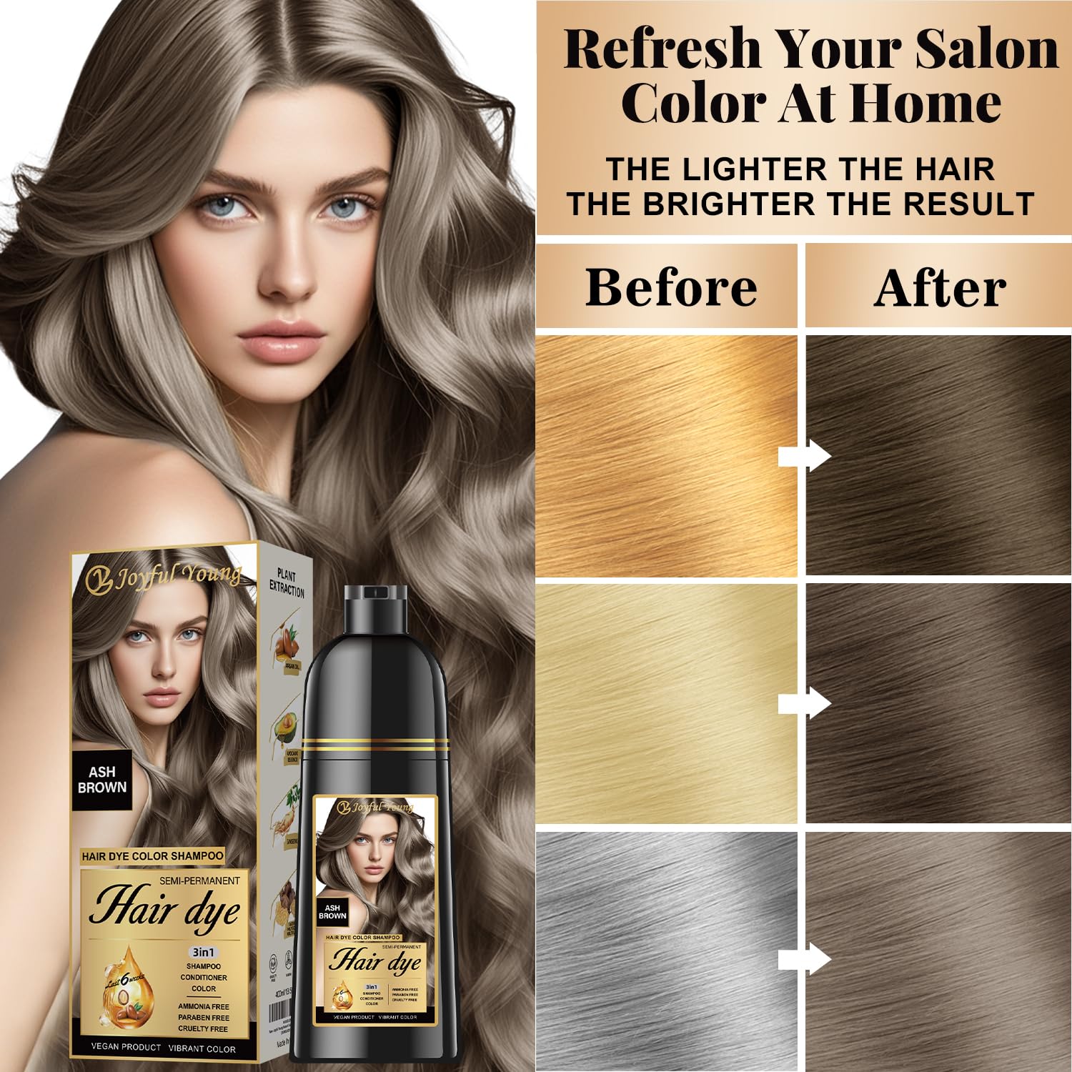 Joyful Young before and after hair showing blended gray coverage and natural ash brown result