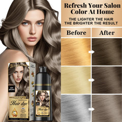 Joyful Young before and after hair showing blended gray coverage and natural ash brown result