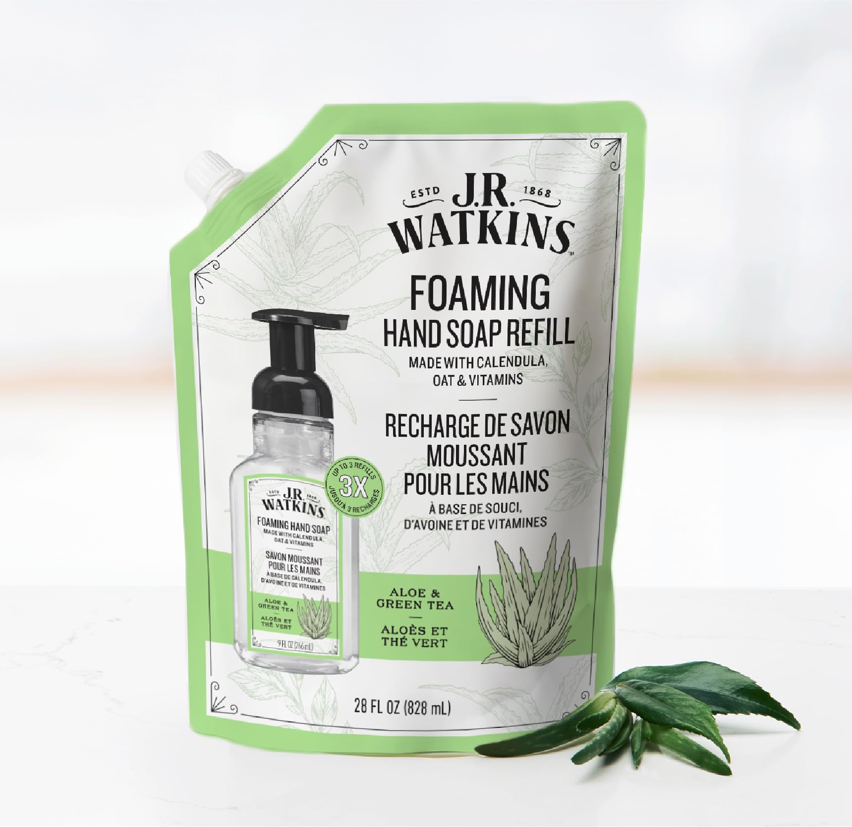 Close-up of J.R. Watkins label highlighting aloe and green tea scent