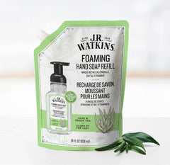 Close-up of J.R. Watkins label highlighting aloe and green tea scent