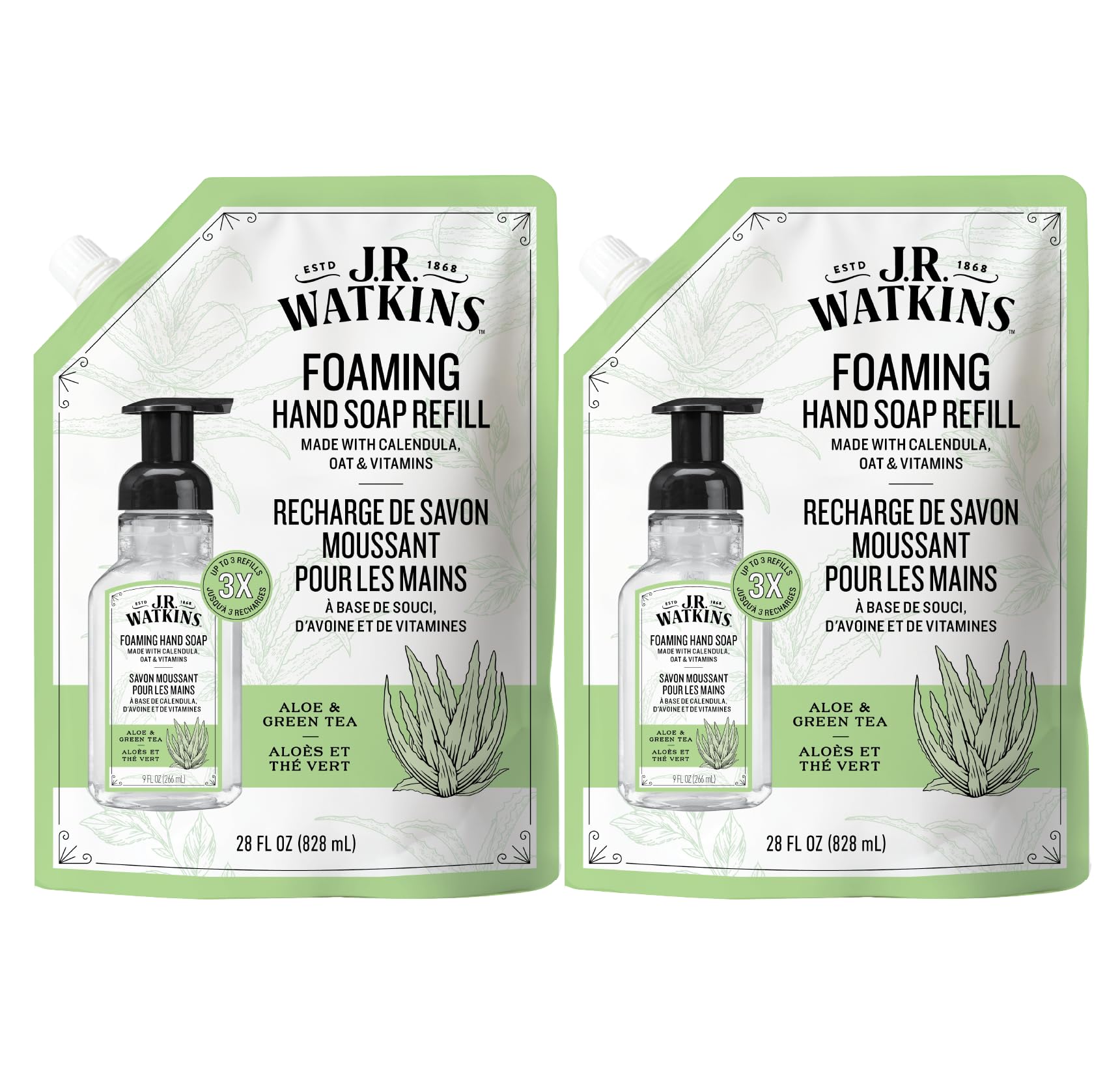 J.R. Watkins front packaging showing two 28 fl oz refill bottles and value