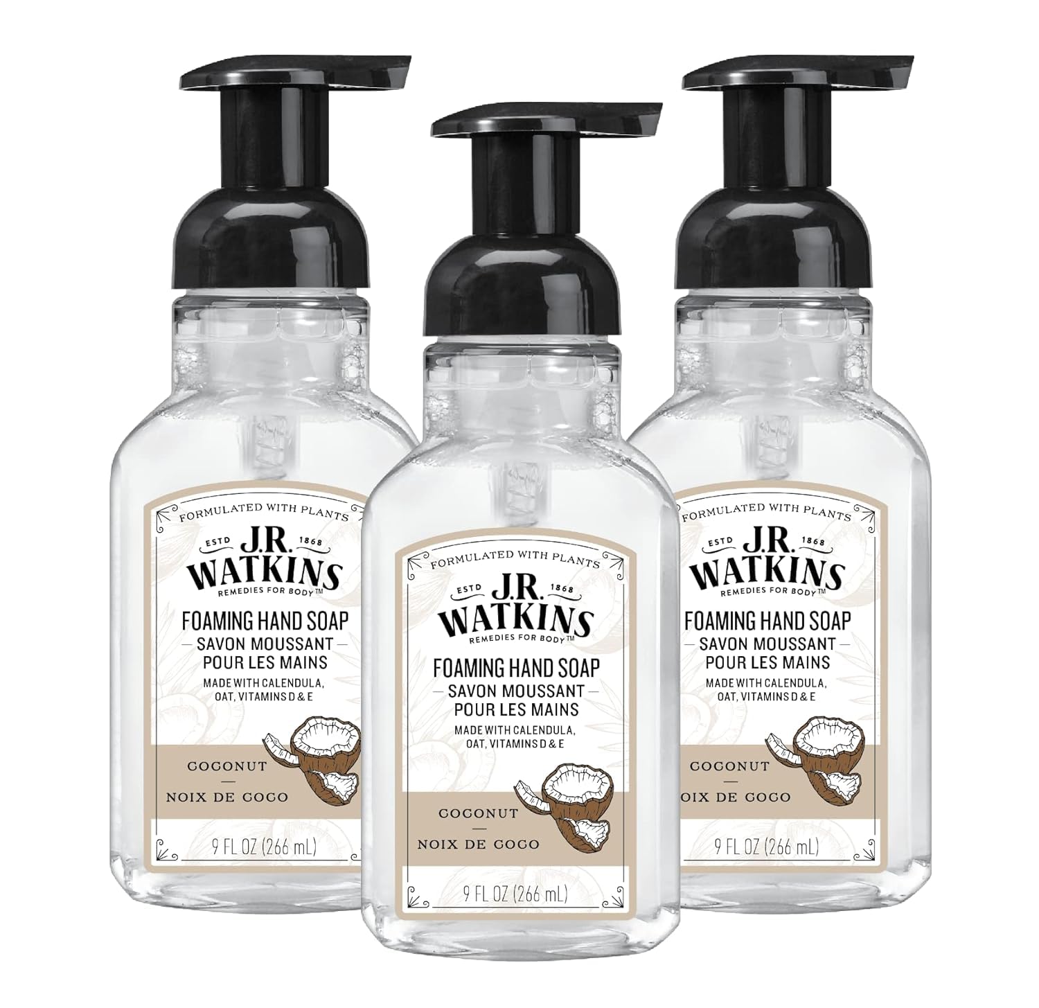 J.R. Watkins front packaging showing three coconut foaming dispensers and visible benefit of nourishing formula
