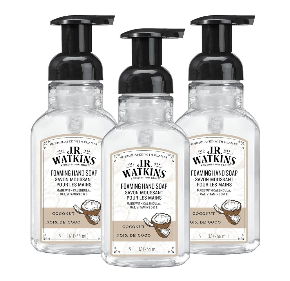 J.R. Watkins front packaging showing three coconut foaming dispensers and visible benefit of nourishing formula