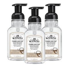 J.R. Watkins front packaging showing three coconut foaming dispensers and visible benefit of nourishing formula