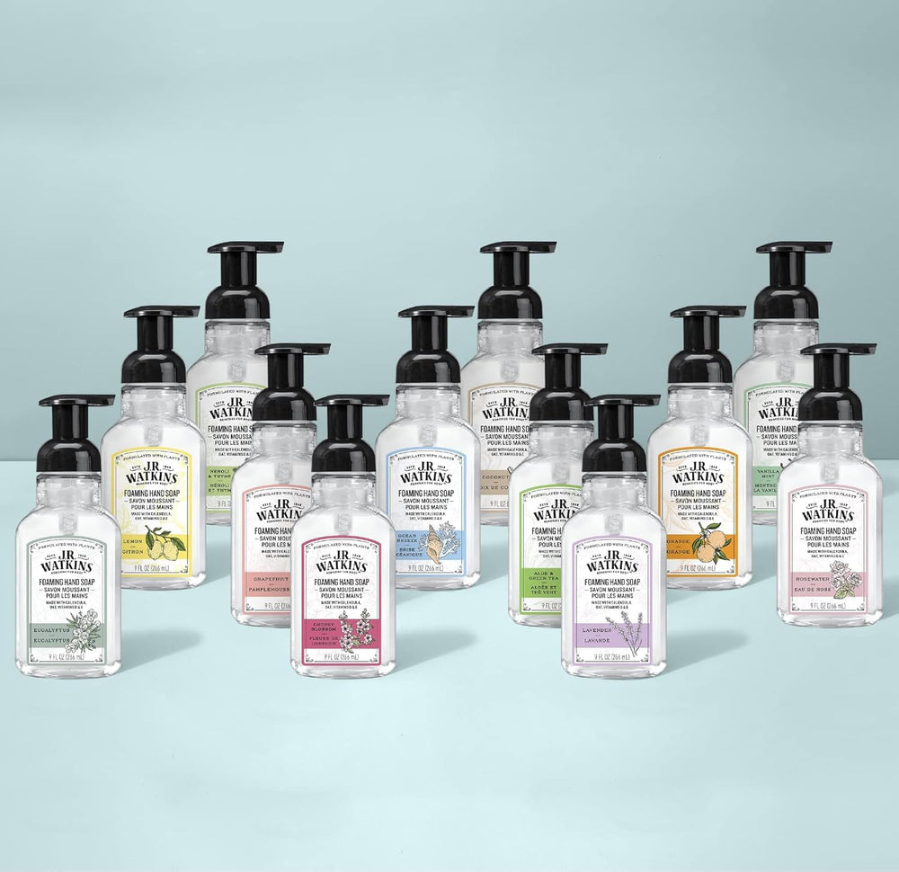 J.R. Watkins dispenser by a kitchen sink showing everyday use and fresh scent benefit