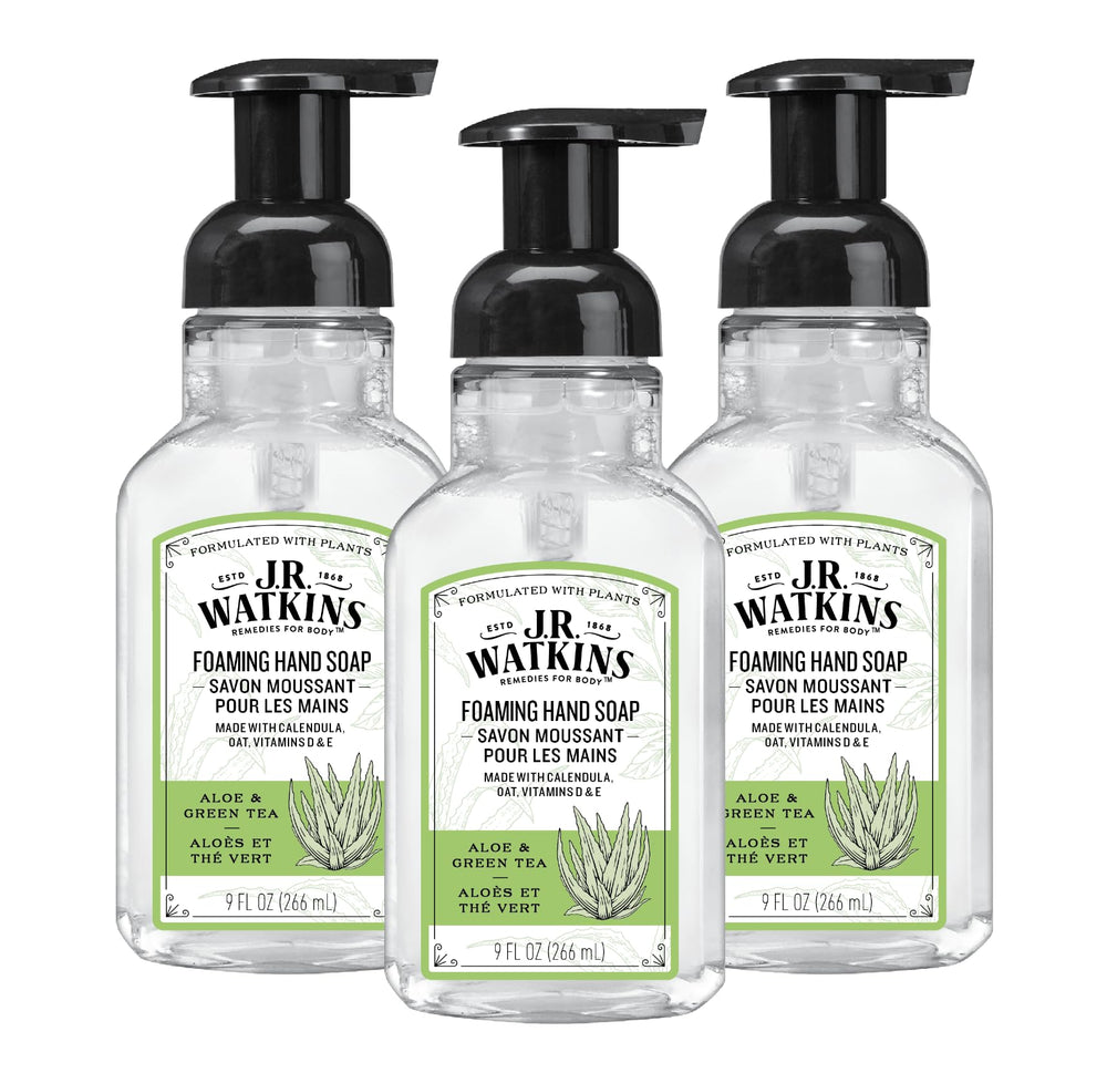 J.R. Watkins front packaging showing aloe and green tea fragrance benefit freshness