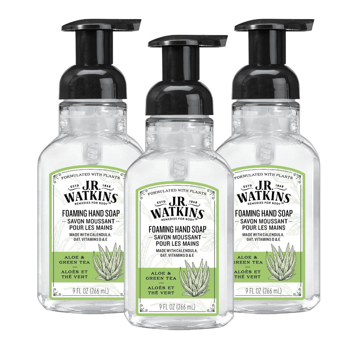 J.R. Watkins front packaging showing aloe and green tea fragrance benefit freshness