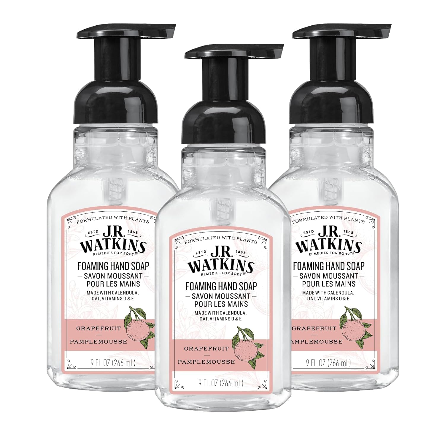 J.R. Watkins front packaging showing three grapefruit foaming dispensers for convenience