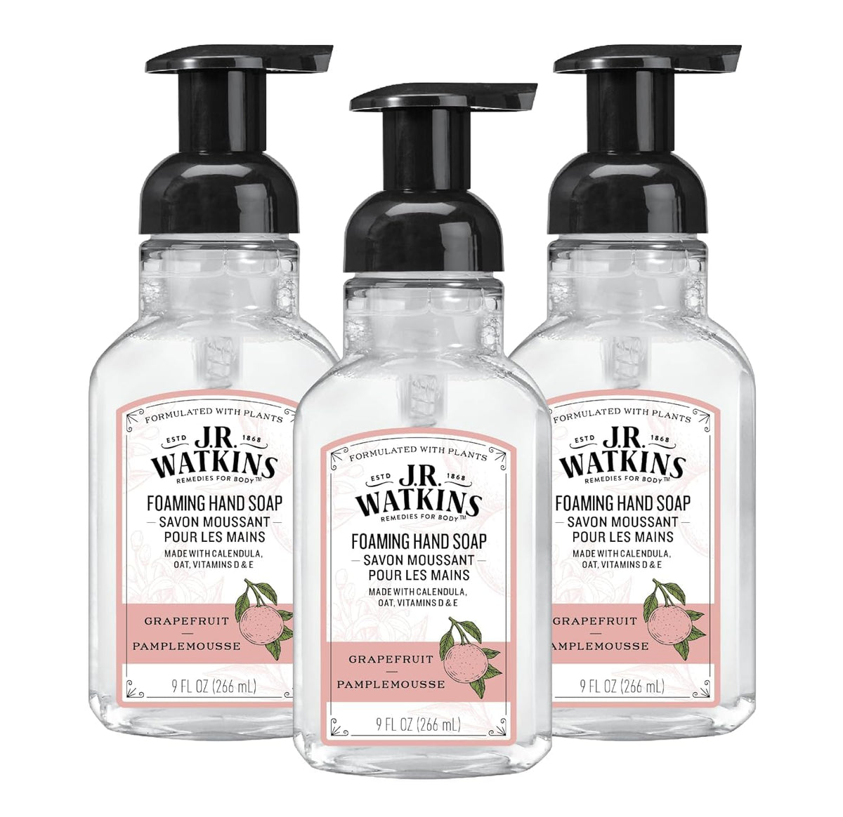 J.R. Watkins front packaging showing three grapefruit foaming dispensers for convenience
