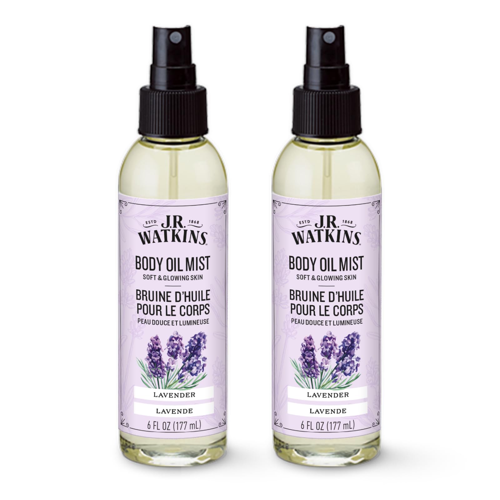 J.R. Watkins front packaging showing two lavender body oil mists for fast hydration