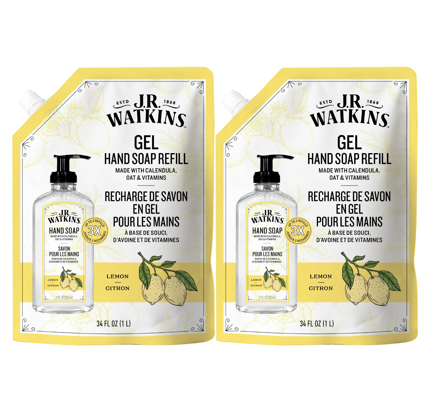 J.R. Watkins front pouch showing lemon refill and volume benefit