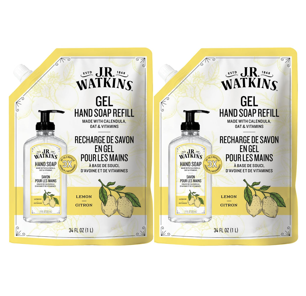 J.R. Watkins front pouch showing lemon refill and volume benefit