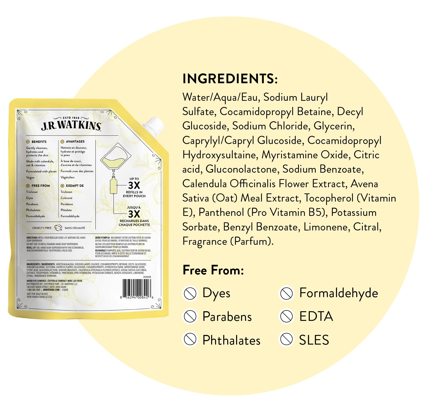 J.R. Watkins refill pouch packaging to illustrate reduced waste benefit